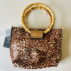 Vince Camuto Leopard Print Crossbody Leather Bag with Bamboo Handles